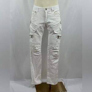 Men’s White Cargo Moto Pants with Detailing Size 32 L, 30 W